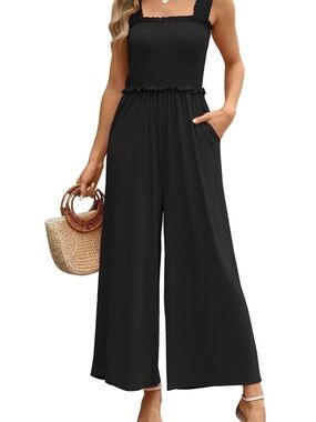 Smocked Square-Neck Black Wide-Leg Jumpsuit, 2X  Never Worn